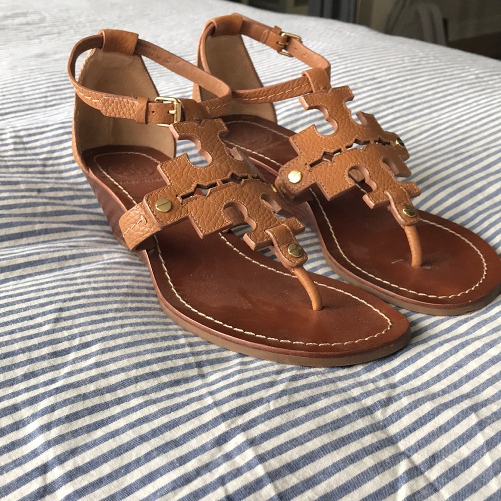 Tory Burch logo wedge sandals, size 7.5